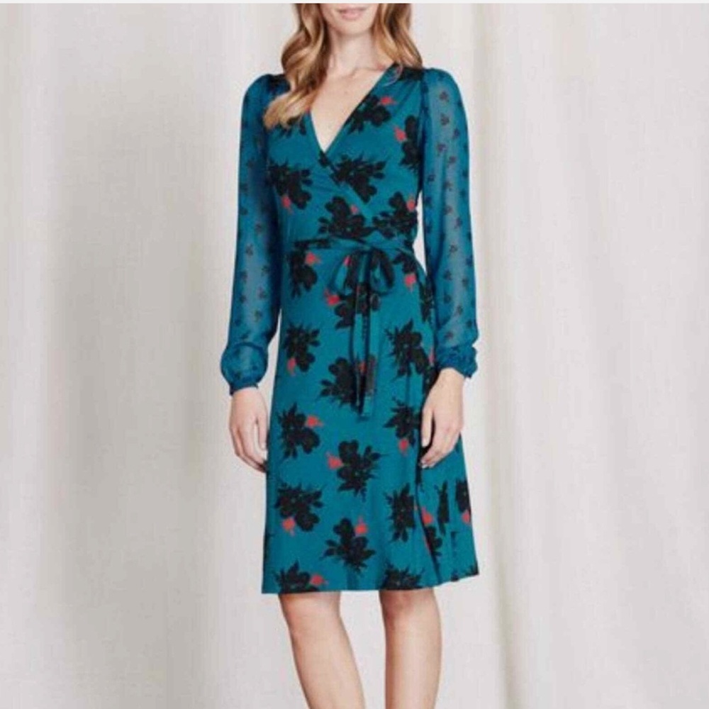 Boden Leda Teal Wrap Dress Floral Long Sleeve